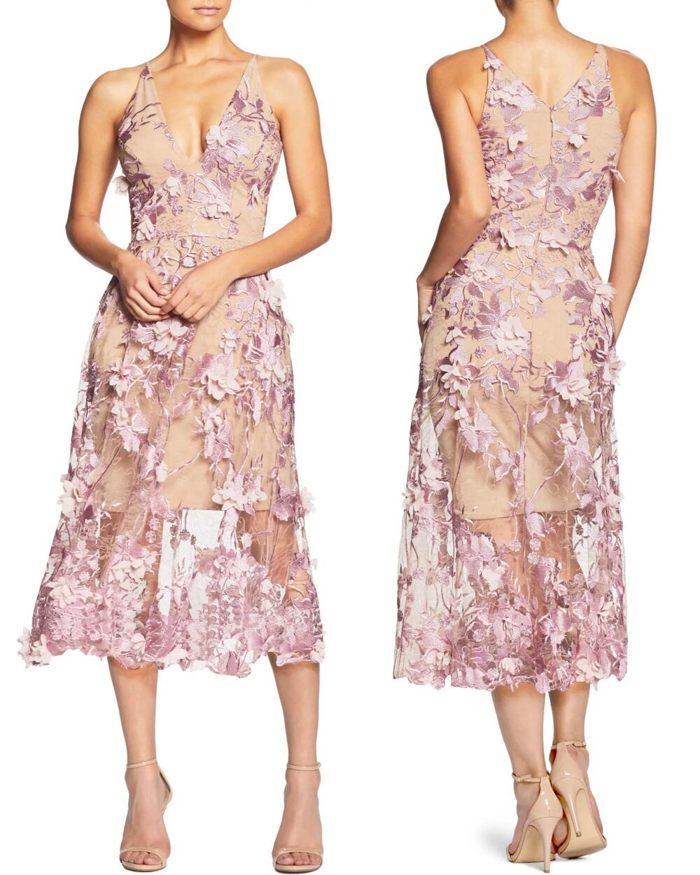 Dress the Population Audrey Floral Fit & Flare Midi Dress Size XS Lilac Nude